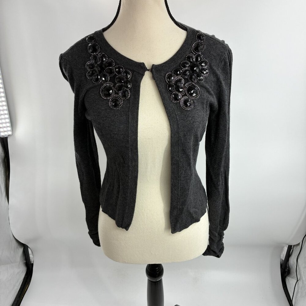 INC International Concepts Women's XS Charcoal Gray Beaded Open Front Cardigan S